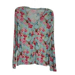 Posh Peanut Floral Henley Vneck Pajama Sleep Shirt Womens size Medium Deer blue